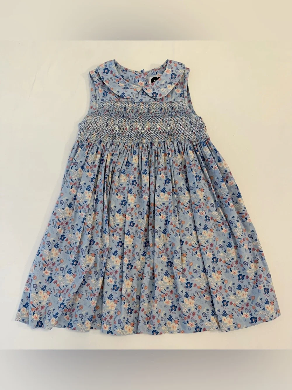 Question Everything London Hand-Smocked Dress in Blue w Peter Pan Collar